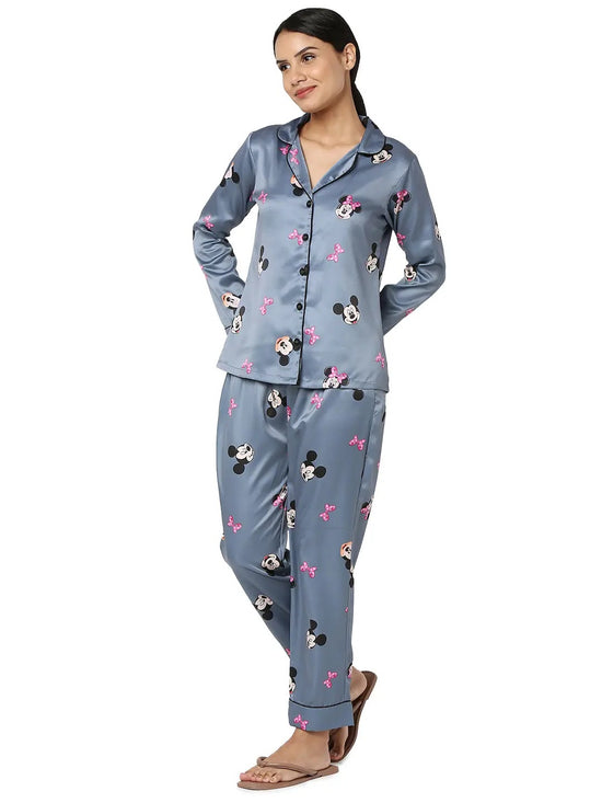 Smarty Pants Women's Silk Satin Grey Color Minnie Mouse Print Full Sleeves Night Suit