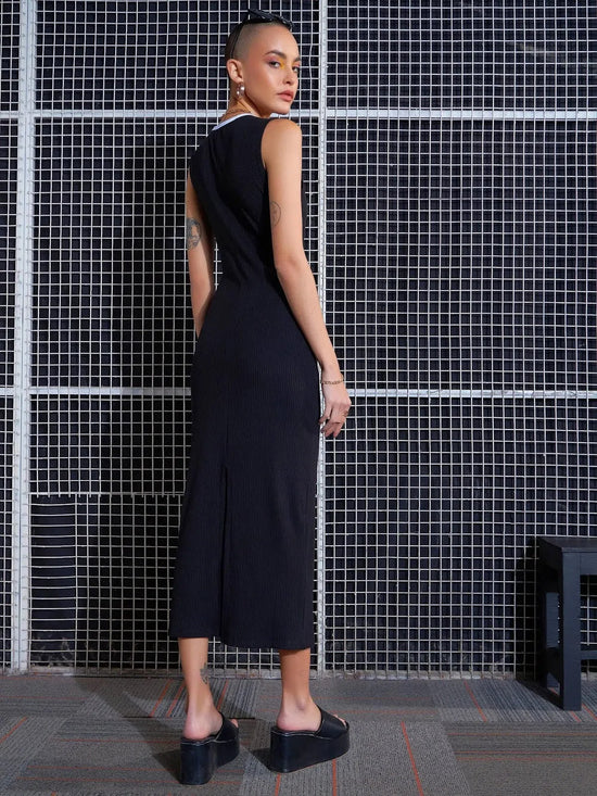 Women Black Rib Contrast Binding Back Slit Midi Dress