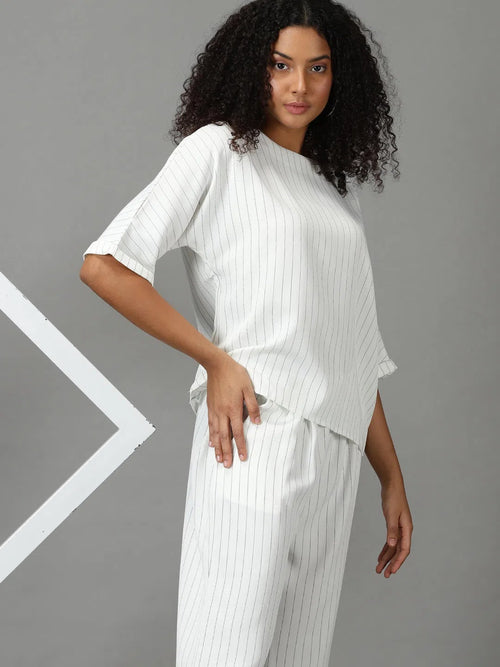 Women's White Striped Co-Ords-MMN-1026-White