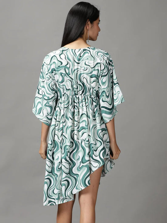 Women's Green Printed Fit and Flare Dress-AE-15778-Seagreen