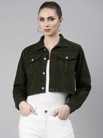 Women Olive Solid Denim Jacket-GZ-5600-Olive