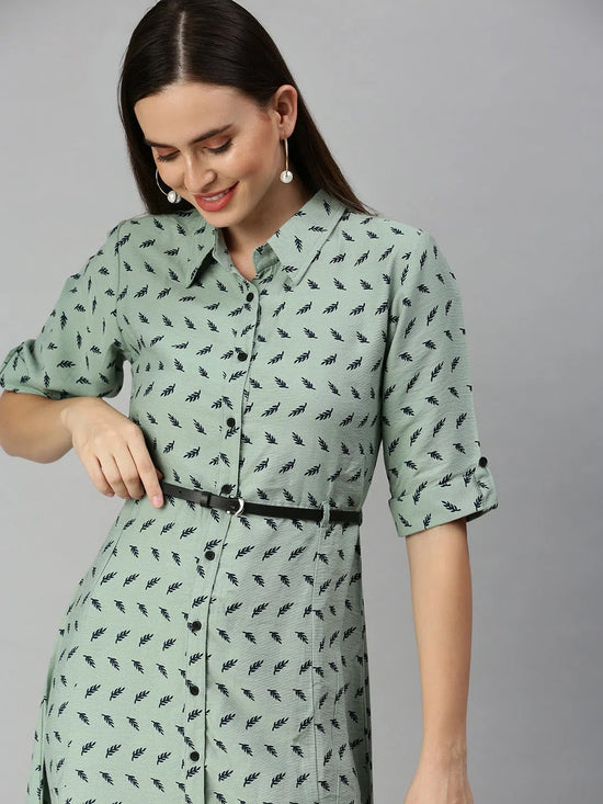 Women's Green Printed Shirt Dress-AE-444954-Greennavyblue