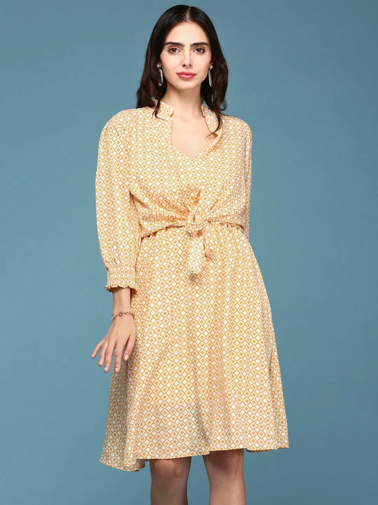 Women's Yellow Printed Fit and Flare Dress-AE-15098-Yellow