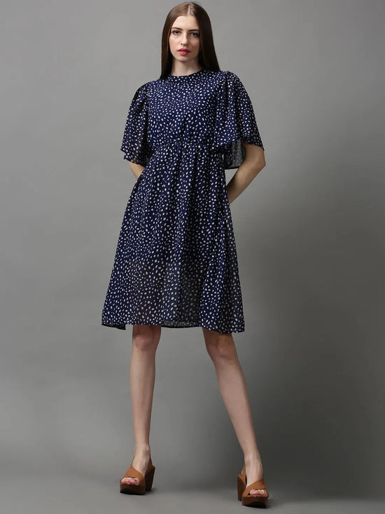 Women's Blue Printed Fit and Flare Dress-AE-7071-Navyblue