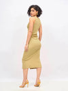 Women Khaki Rib Front Button Bodycon Midi Dress