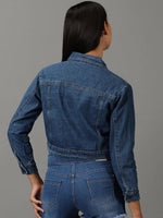 Women's Navy Blue Solid Denim Jacket-AE-0150-Navyblue