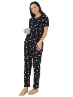 Smarty Pants Women's Cotton Lycra Navy Blue Color Printed Night Suit