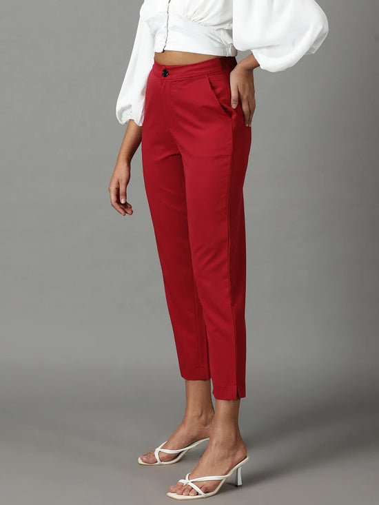 Women's Maroon Solid Formal Trouser-IM-10394-Maroon