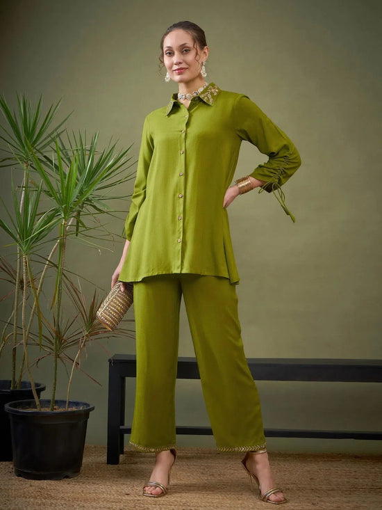 Women Green Collar Embroidered Shirt With Palazzos