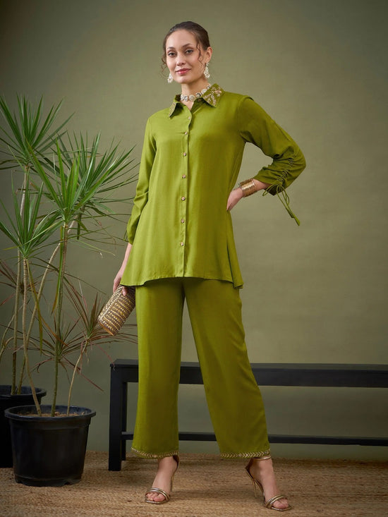 Women Green Collar Embroidered Shirt With Palazzos