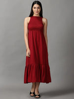 Women's Maroon Solid Fit and Flare Dress-AE-15669-Maroon