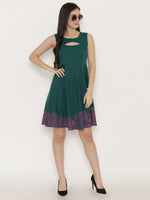 Front cut out skater dress with printed Hem in Forest Green