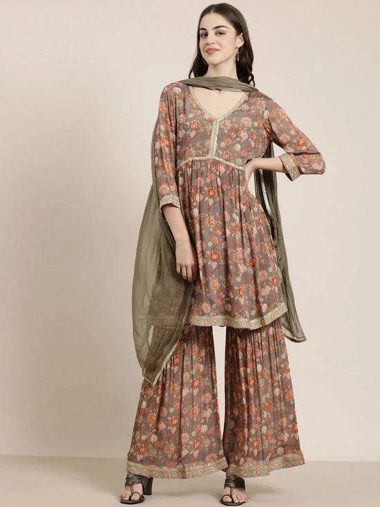 Women Taupe Floral Kurta Set-UB-2773-Taupe