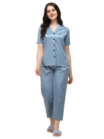 Smarty Pants Women's Silk Satin Shoulder Collar Slate Blue Color Night Suit Pair