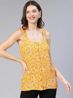 Women Yellow Floral Print Sleeveless Button -Down Top