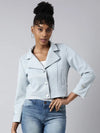 Women Solid Crop Blue Tailored Jacket-826-Blue