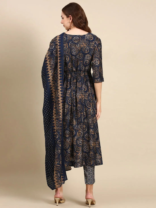 Women's Navy Blue Printed Kurta Set-SKC-944-Navyblue