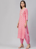 Ahika Women Pink Cotton Embroidered Straight Kurta Salwar Set With Dupatta