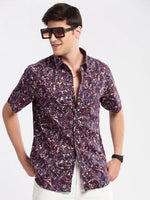 Men Spread Collar Abstract Purple Casual Shirt-REVERIE-2107-Purple