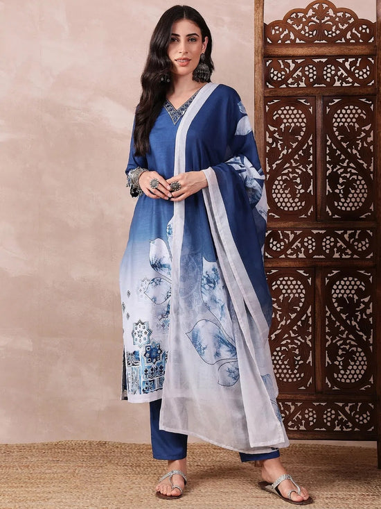 Ahika Women Blue Silk Blend Abstract Printed Straight Kurta Trouser With Dupatta-PKSKD2550BLU