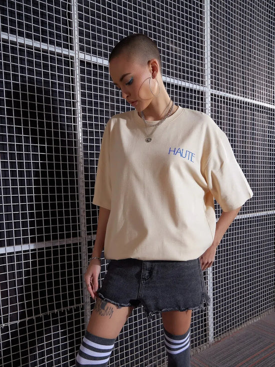 Women Beige HAUTE Printed Oversized T-Shirt