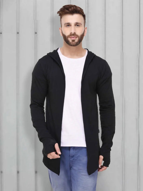 Rigo Black Hooded With Thumbhole Open Long Cardigan Full Sleeve Shrug For Men