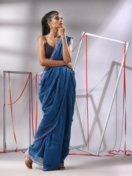 Sapphire Blue Cotton Saree With Sequined Pallu-MA55CT06520117