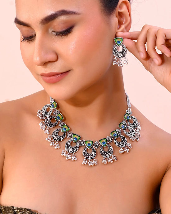 Silver Plated Peacock Contemporary Choker And Earrings-VOJ387