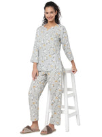 Smarty Pants Women's Cotton Grey Floral Print Night Suit