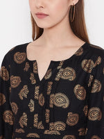 Front neck and waist tucks with baloon sleeve printed dress in Black