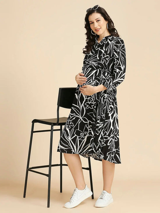 MomToBe Women's Rayon Black&White Maternity Dress-1256mtbblkwhtabstractd-m