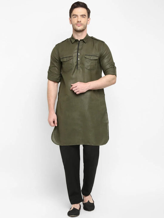 Hangup Men Standard Solid Men's Indian Wear-Olive_Piping_PathaniKurta