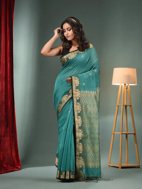 Teal Cotton Blend Handwoven Saree With Woven Zari Border-MA50BCT061100037