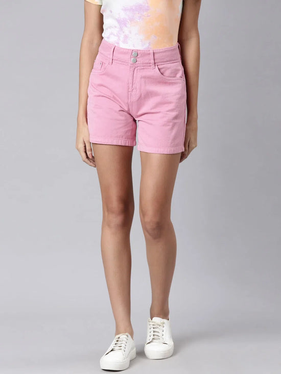 Women Pink Solid Denim Shorts-LT-S-10405-Pink