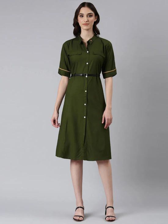 Women Olive Solid Shirt Dress-DF-1603-Olive