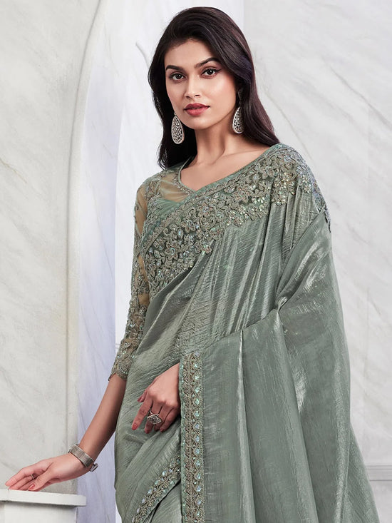 Saree Mall Women's Georgette Sea Green Embellished Designer Saree With Blouse Piece-SILVER29016