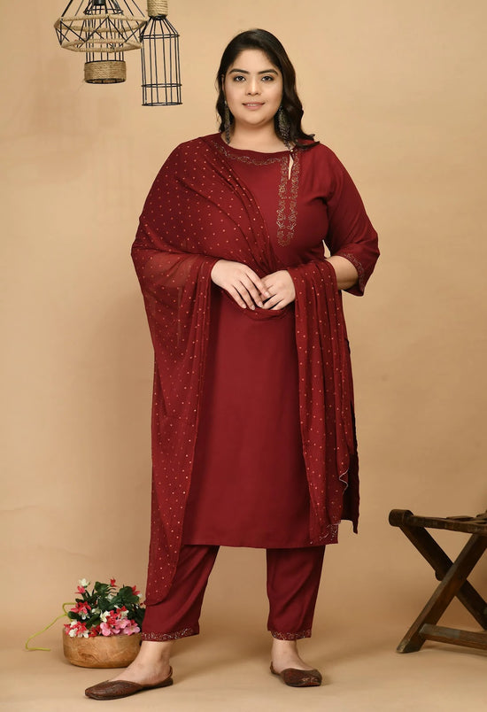 Plus Size Embellished Kurta Pant Set With Dupatta-DN224MAROONXXL