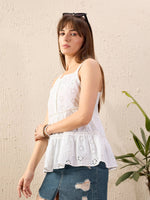 Women White Schiffli Strappy Tiered Top