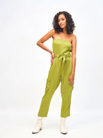 Women Olive Twill Off-Shoulder Belted Jumpsuit