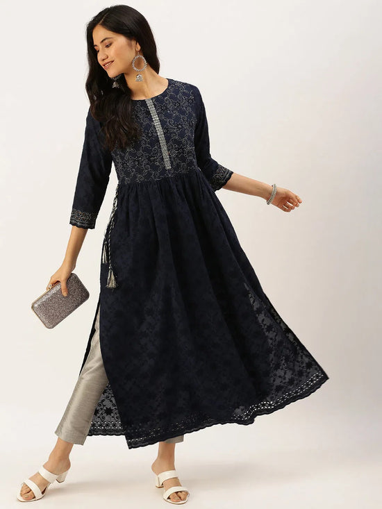 Women's Blue Embroidered Anarkali Kurtas-RA-003-Navyblue