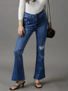 Women's Blue Solid Bootcut Denim Jeans-GZ-5338-2-Blue