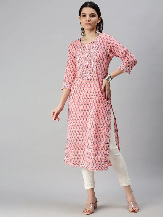 Women's Pink Printed Straight Kurta-JC57-Pink