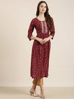 Women Maroon Floral A-Line Kurta-AT-A899-NC-Maroon