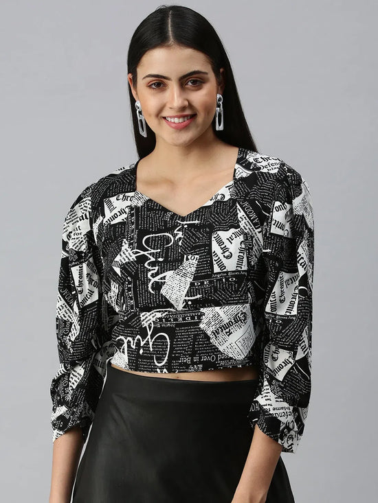 Women Black Printed Crop Corset Top-AE-7028-Blackwhite