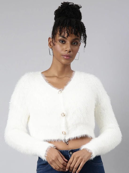 Women Solid Off White Crop Cardigan-CHN-6063-Offwhite