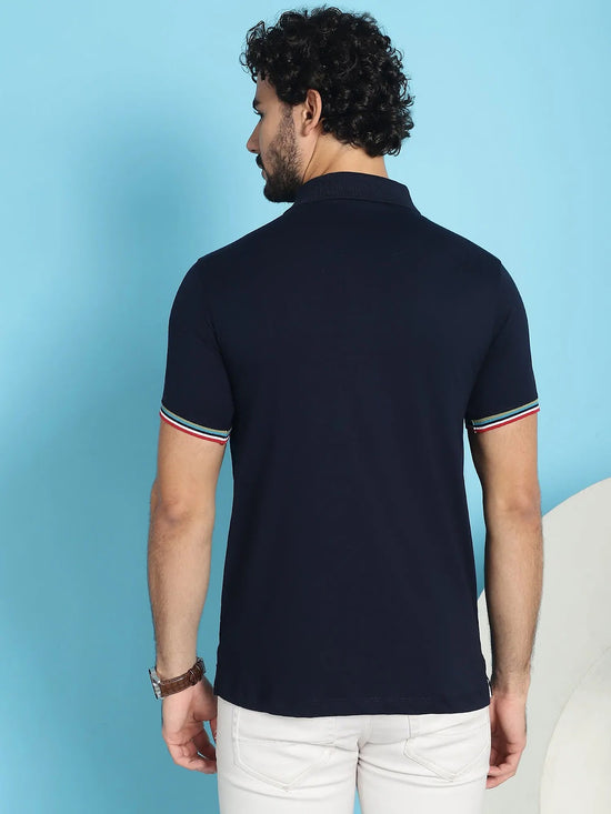 Venitian Men Double Mercerised Solid Polo Neck Navy T-Shirt for Men