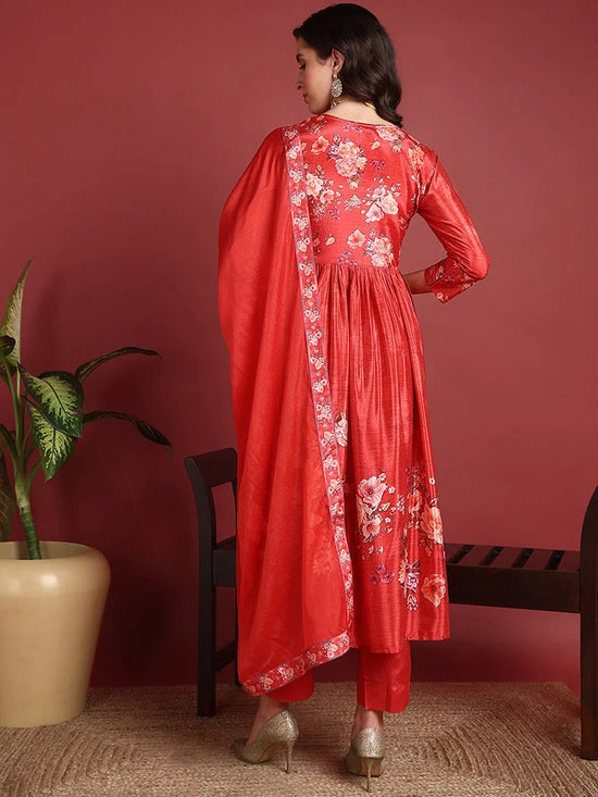 Ahika Polyester Floral Red Indian Ethnic