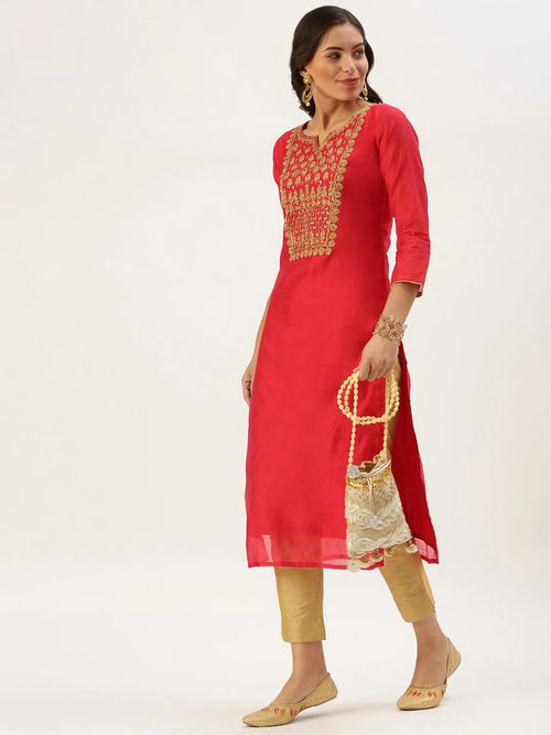 Women's Red Embellished Straight Kurta-GC-1001-Red