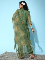 Indo Era Green Embroidered Straight Kurta Trousers With Dupatta Set