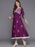 Indo Era Wine Embroidered A-Line Ethnic Dress